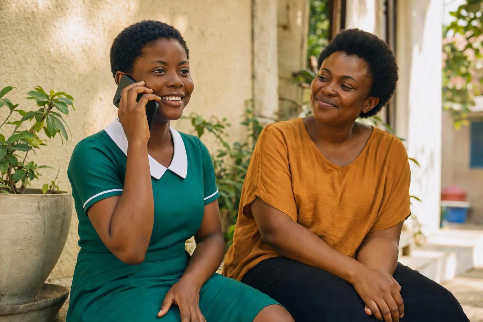 A nursing student enjoying a phone call beside her sister in a sunny courtyard