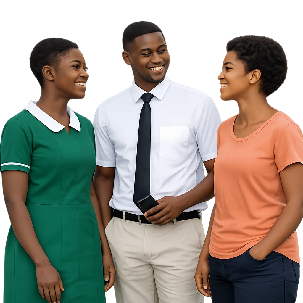Two Ghanaian nursing students chatting with a friend in everyday clothes