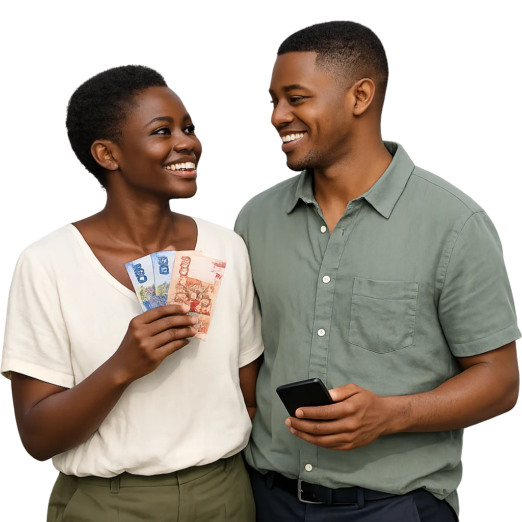 A young Ghanaian woman and man in casual clothing holding cedi notes and a phone