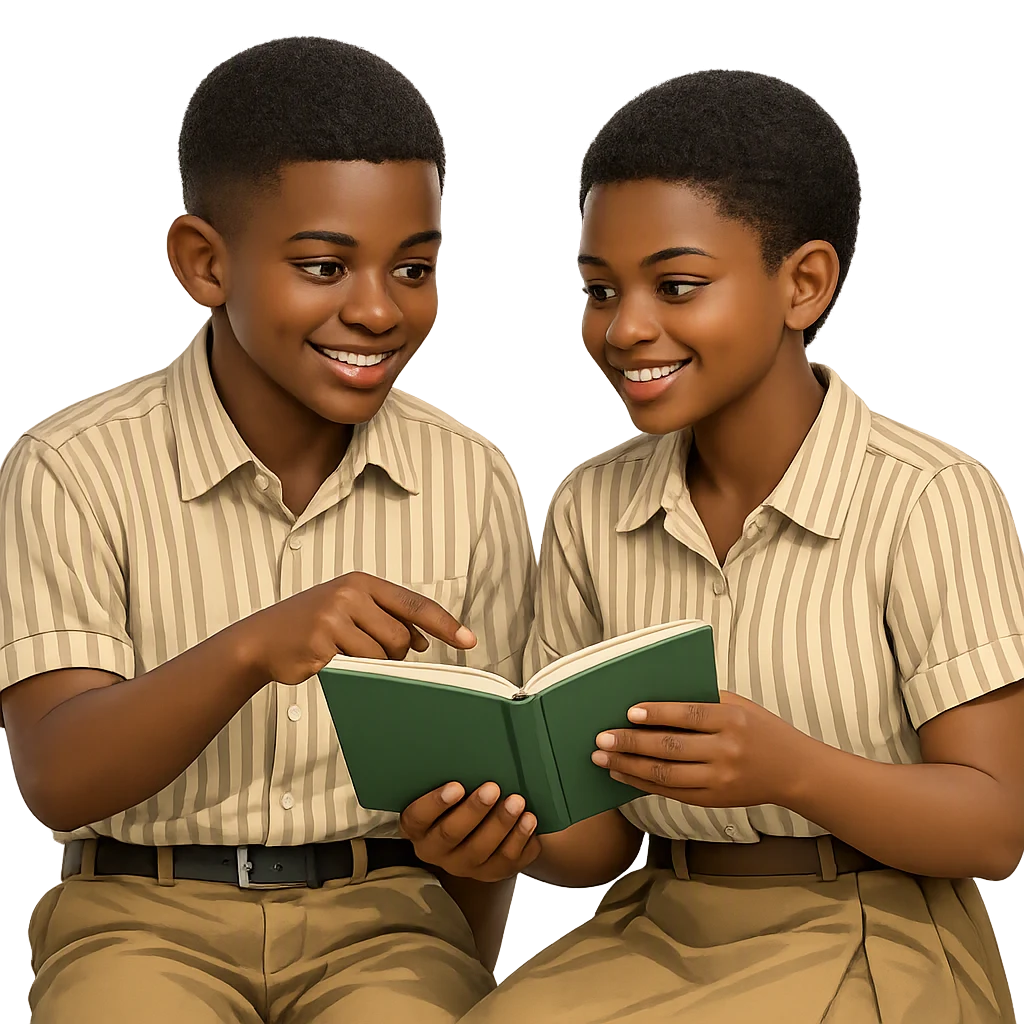 Illustrated junior high school student avatars reading together